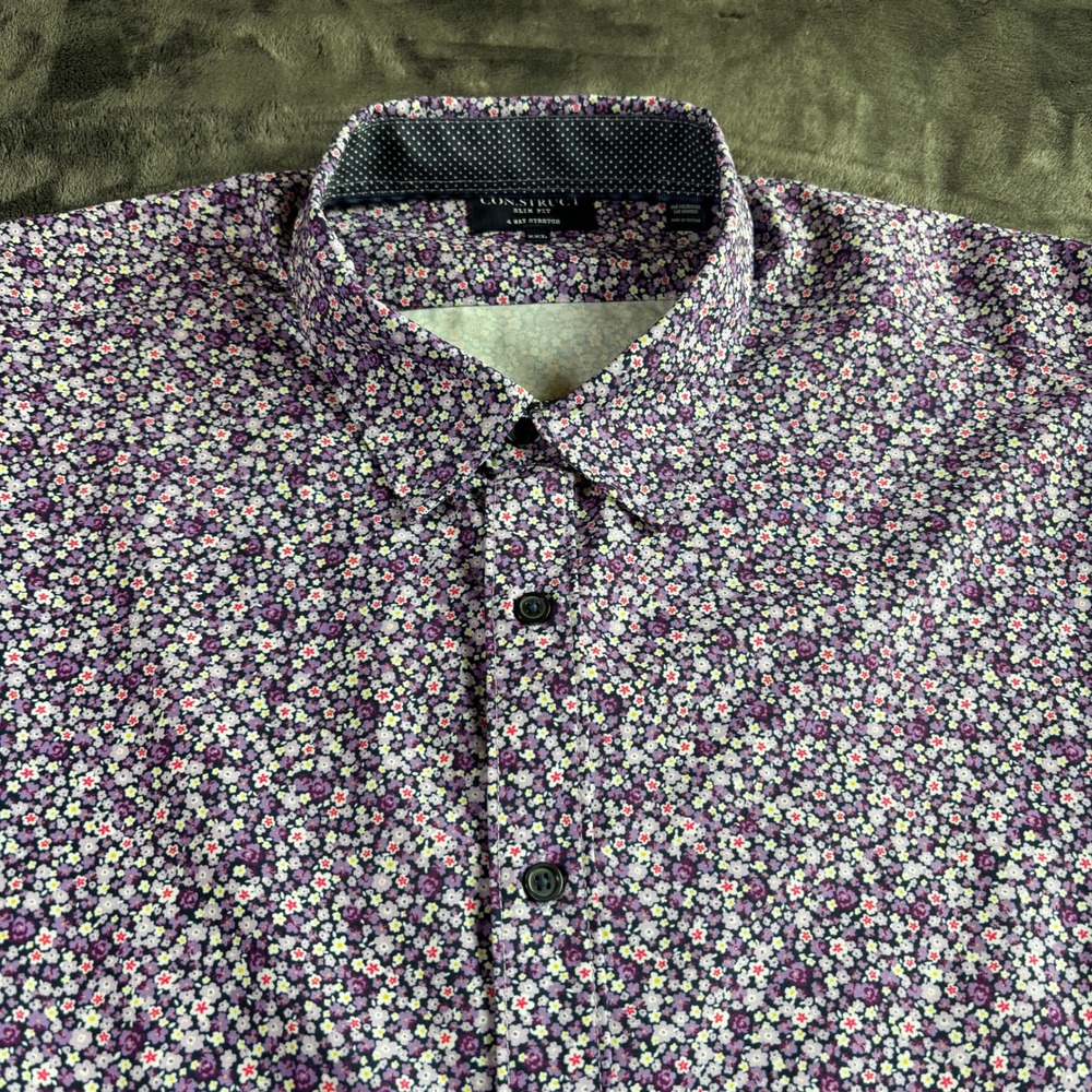 Con.Struct Mens XXL Slim Fit Purple Floral 4 Way Stretch Button Down Shirt - Picture 4 of 8